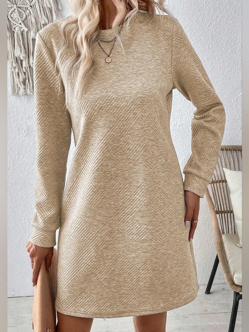 Tan Round Neck Textured Mini Dress - Picture 9 of 9